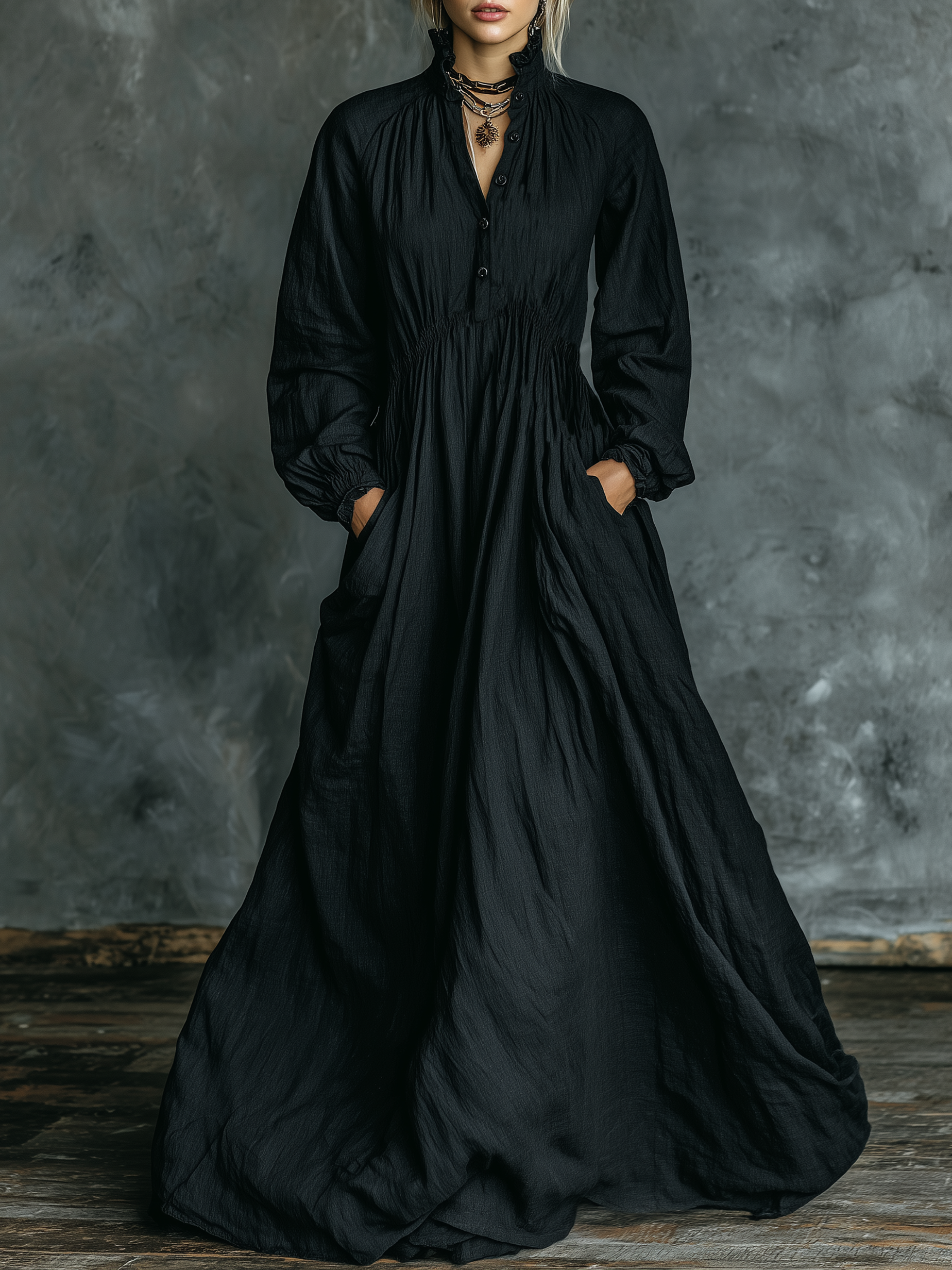 Women's Minimalist Cotton And Linen Stand-collar Maxi Dress MDA0760K9Y