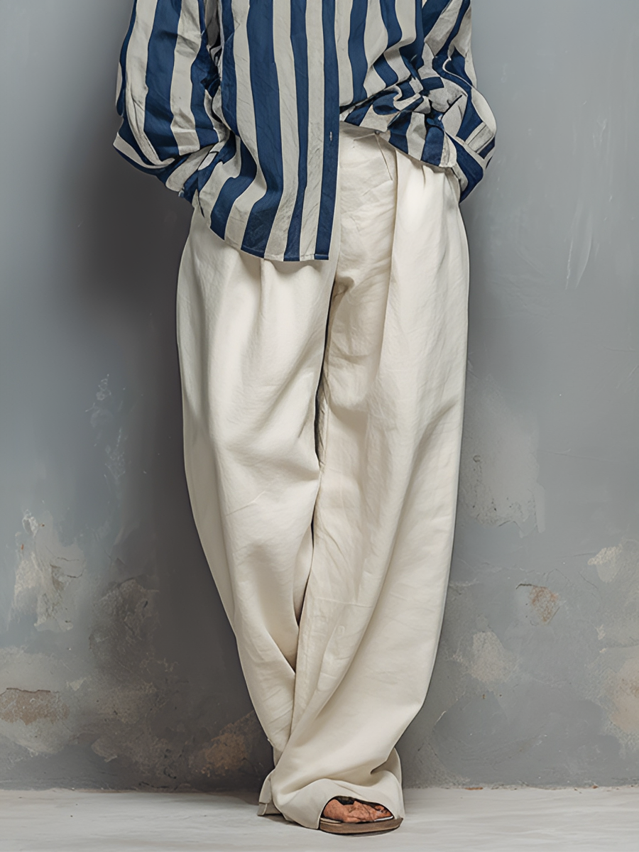 Women's Blue & White Striped Linen Set With Oversized Shirt & High-Waisted Trousers, Timeless Minimalist-Elegant Style Set MDZ2633B8I