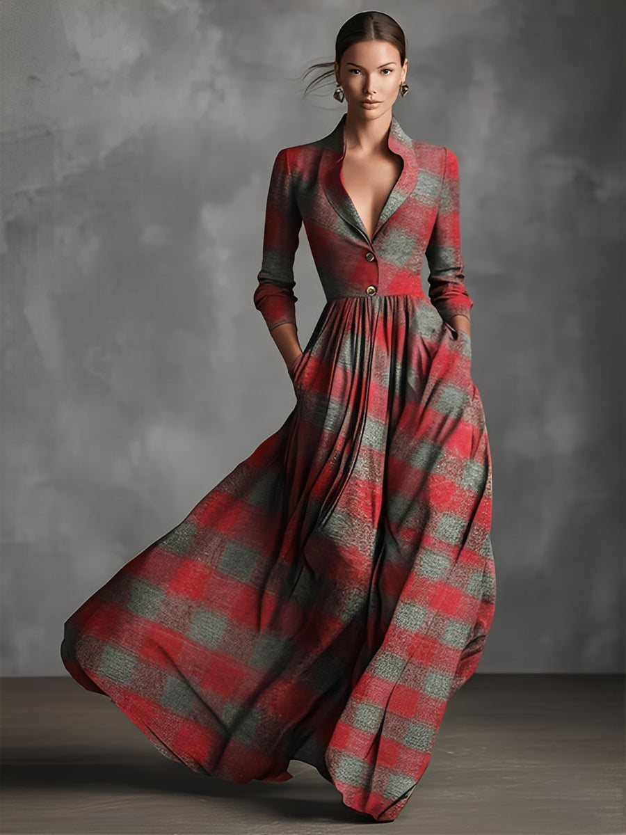 Women's Red & Gray Plaid Woven Dress With Blazer Collar & Pleated Maxi Skirt, Timeless Chic Style Dress MDA1242L0I