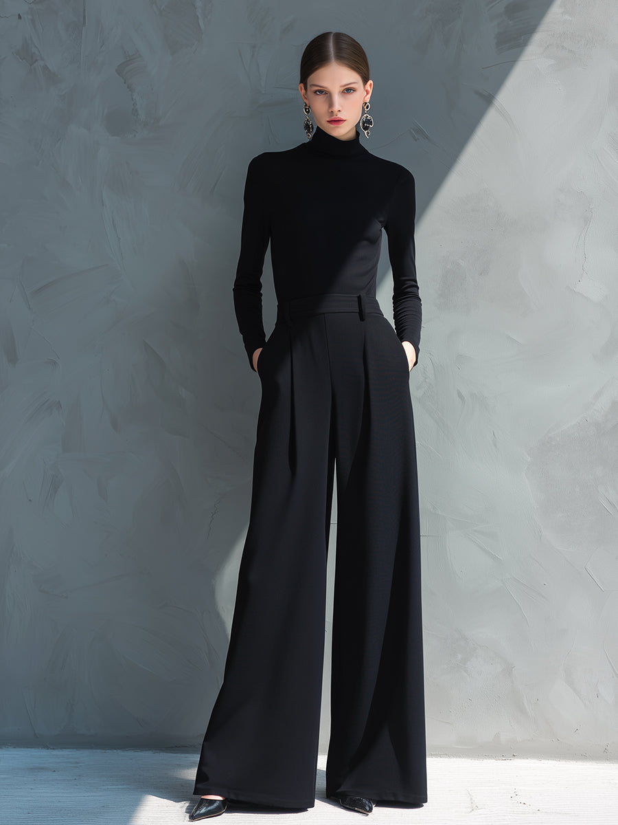 Women's Black Classic Knit Turtleneck Wide - Leg Jumpsuit MDA2133J5I