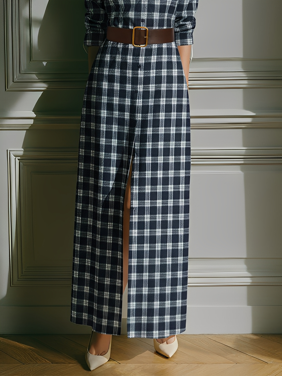 Women's Navy Blue And White Checkered Cotton Linen Lapel Slit Long Dress MDA2800K1T