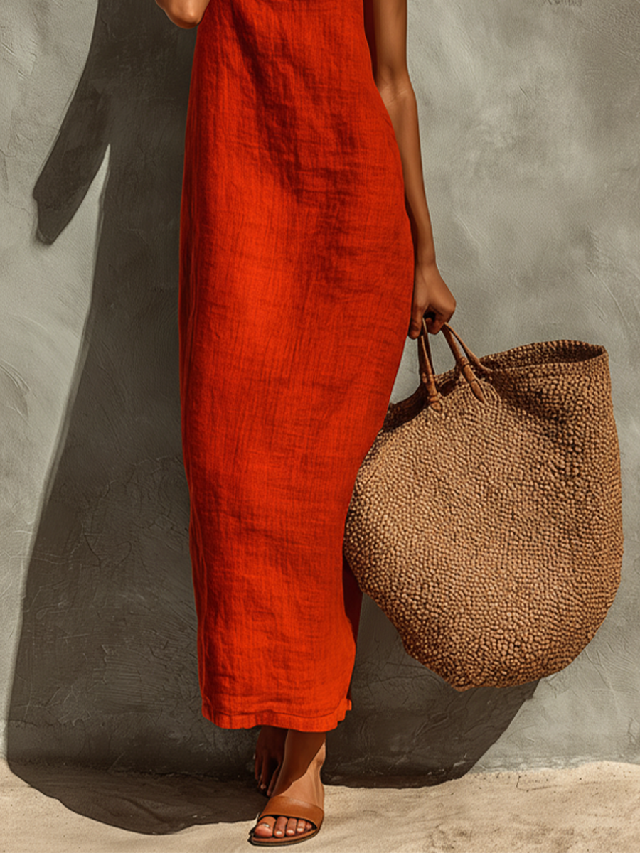 Women's Red Cotton Dress With Spaghetti Straps & Square Neck, Timeless Boho-Resort Style Dress MDZ0924C3I