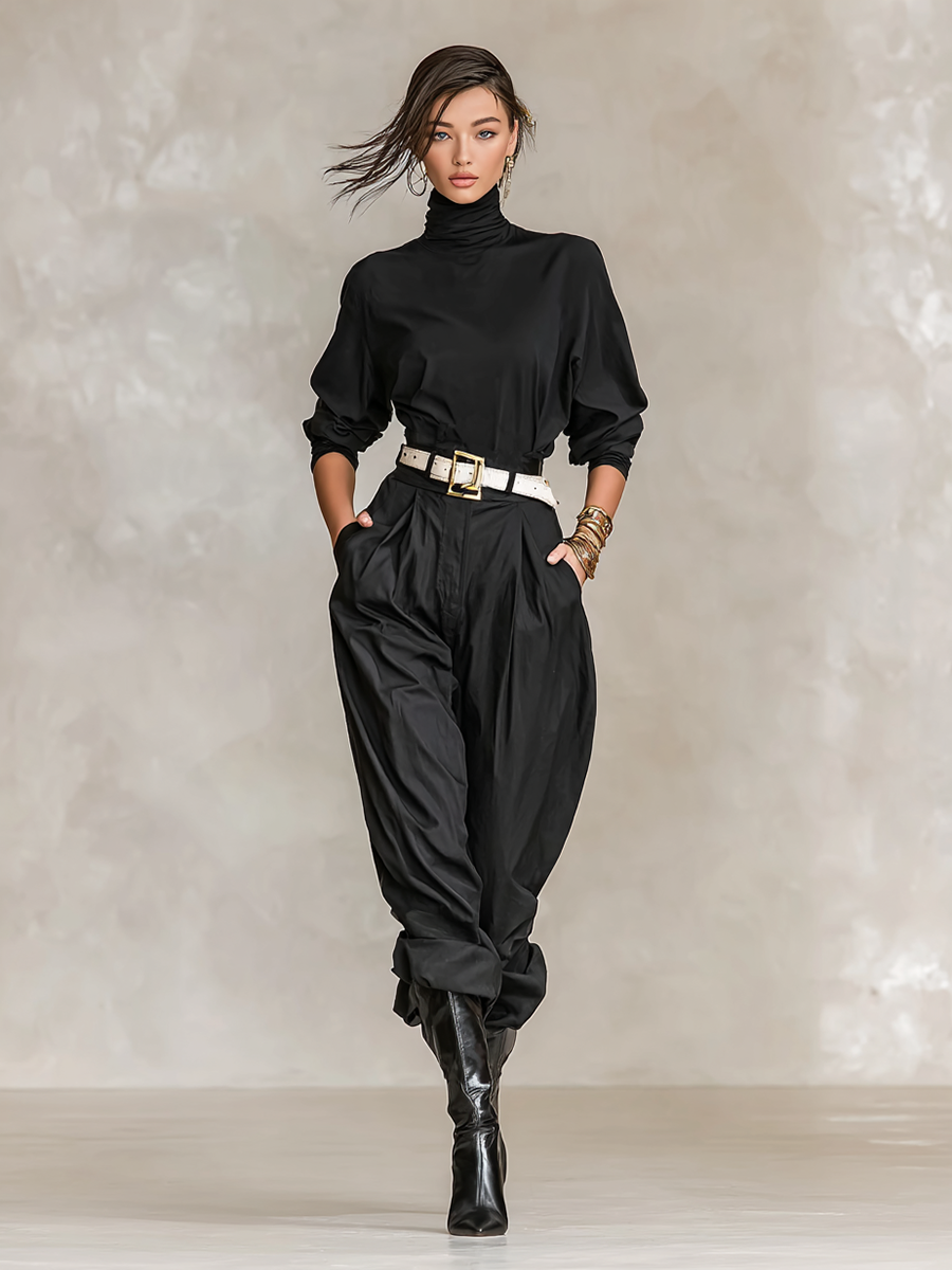 Women's Casual Cotton Blend Turtleneck Long Sleeve Straight Belt Jumpsuit MDA2376G2Y