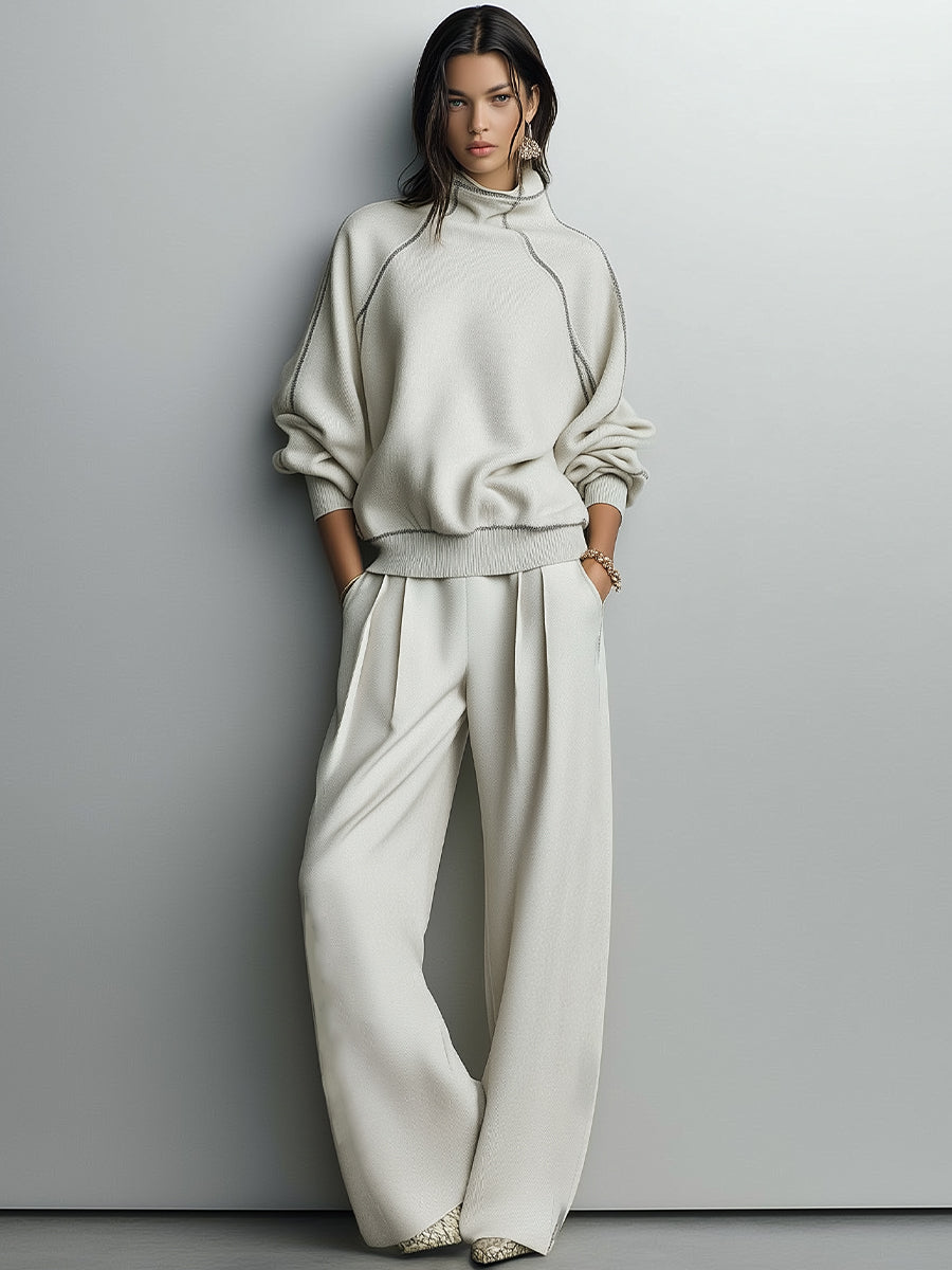 Women's Beige Textured Knit Co-Ord Set With Contrast Piping & Pleated Pants, Effortless Chic Style Set MDA2765J1I