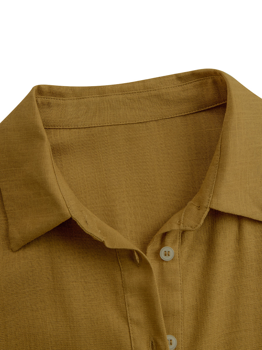 Women's Mustard Elegant Linen Blended Button - Front Belted Midi Shirt Dress MDA1800I6I