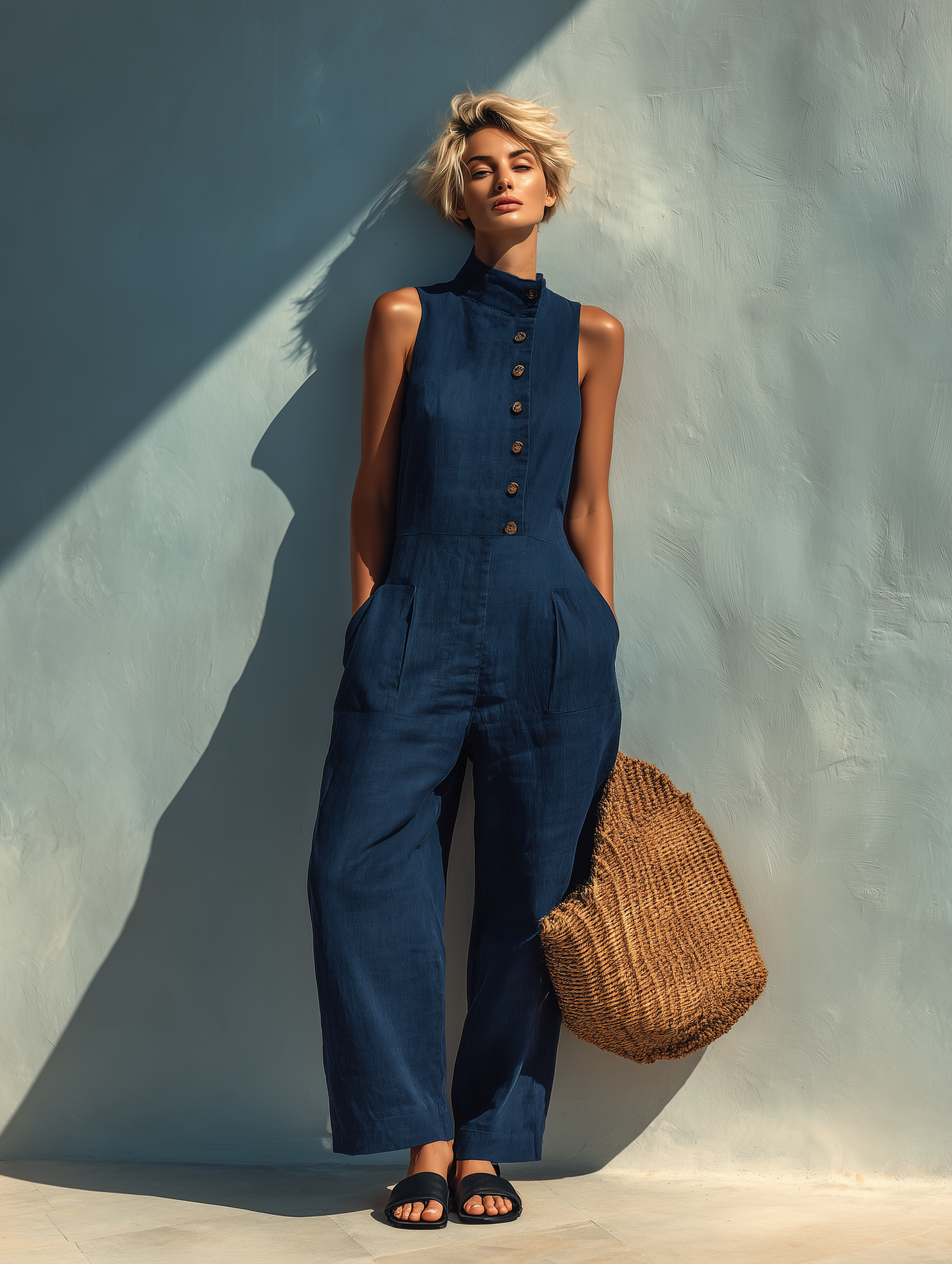 Women's Minimalist Linen Blend Sleeveless Loose-fitting Jumpsuit MDZ1248B9Y