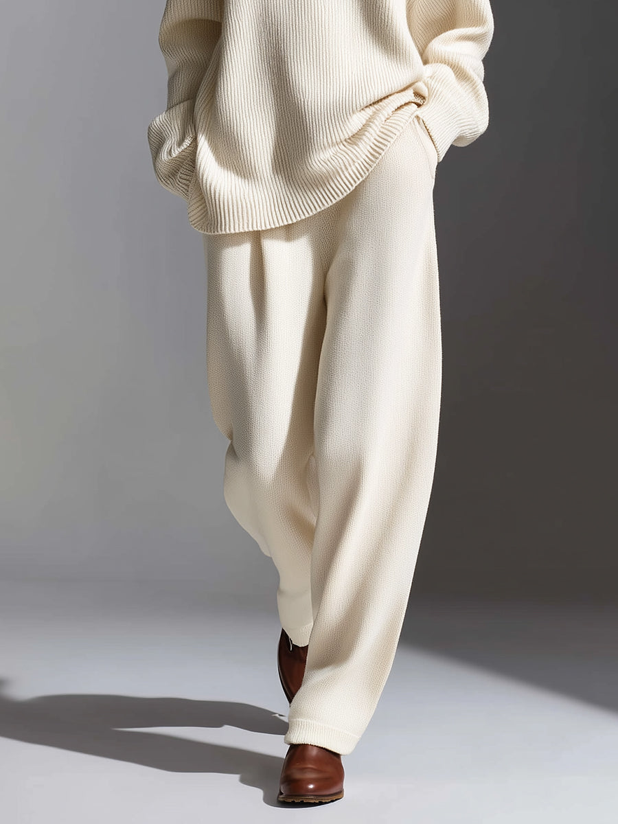 Women's Cream Elegant Ribbed Knit V-Neck Loose Fit Casual Suit MDA1517I2I