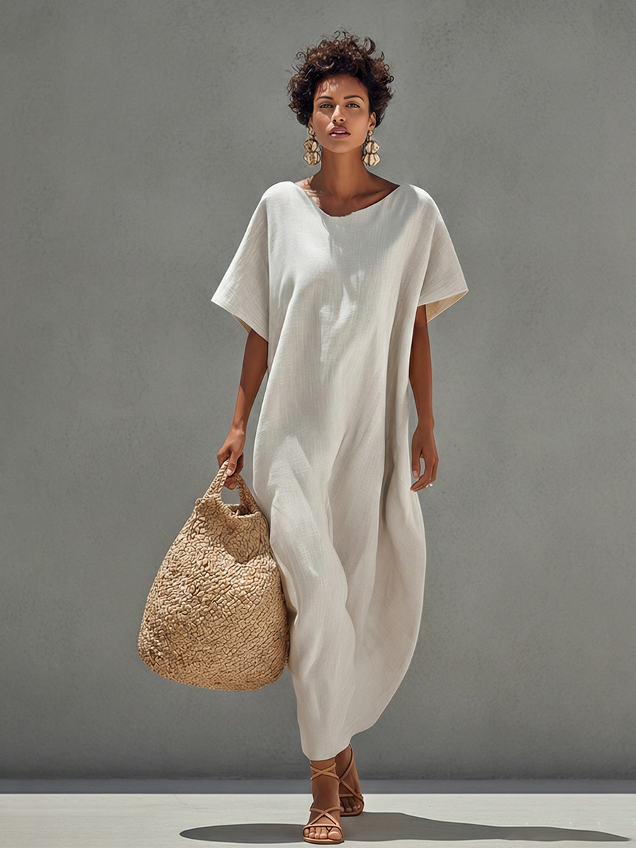 Women's White Linen Dress With Relaxed Fit & Minimalist Design, Timeless Resort-Casual Style Dress MDZ0528B5I