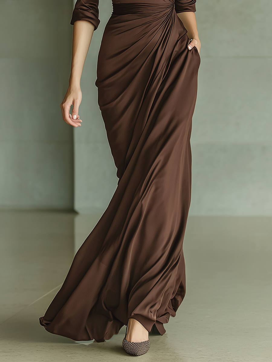Women's Chocolate Satin Fabric Collared Three-Quarter Sleeve Maxi Dress With Ruched Detail MDZ0813A8T