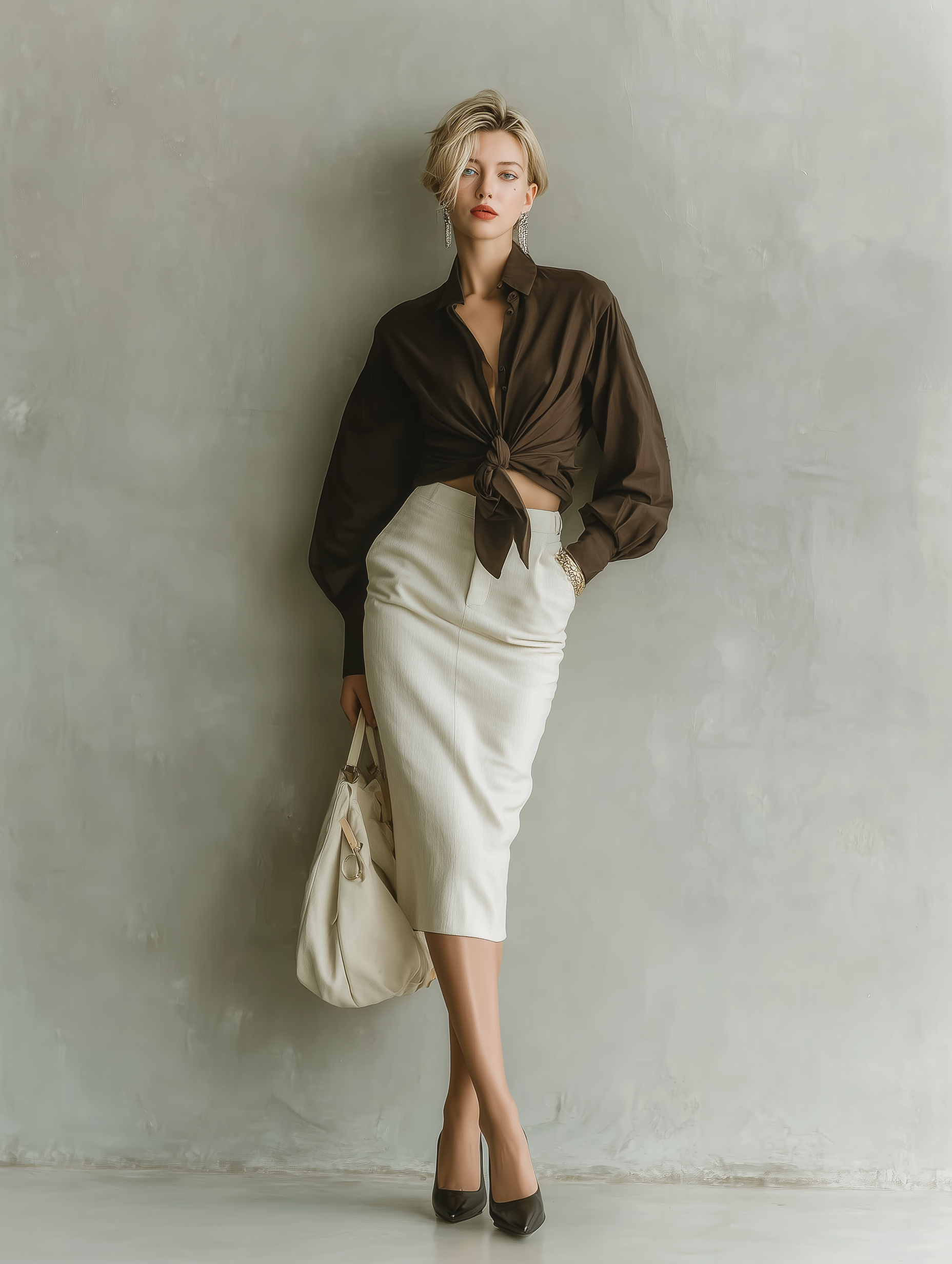 Women's Elegant And Stylish Brown Shirt Paired With A White Fitted Midi Skirt MDA1938K3AN