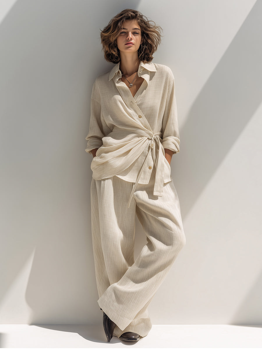 Women's Neutral Beige Chic Linen Wrap - Front Co - Ord Set MDA0886H1I