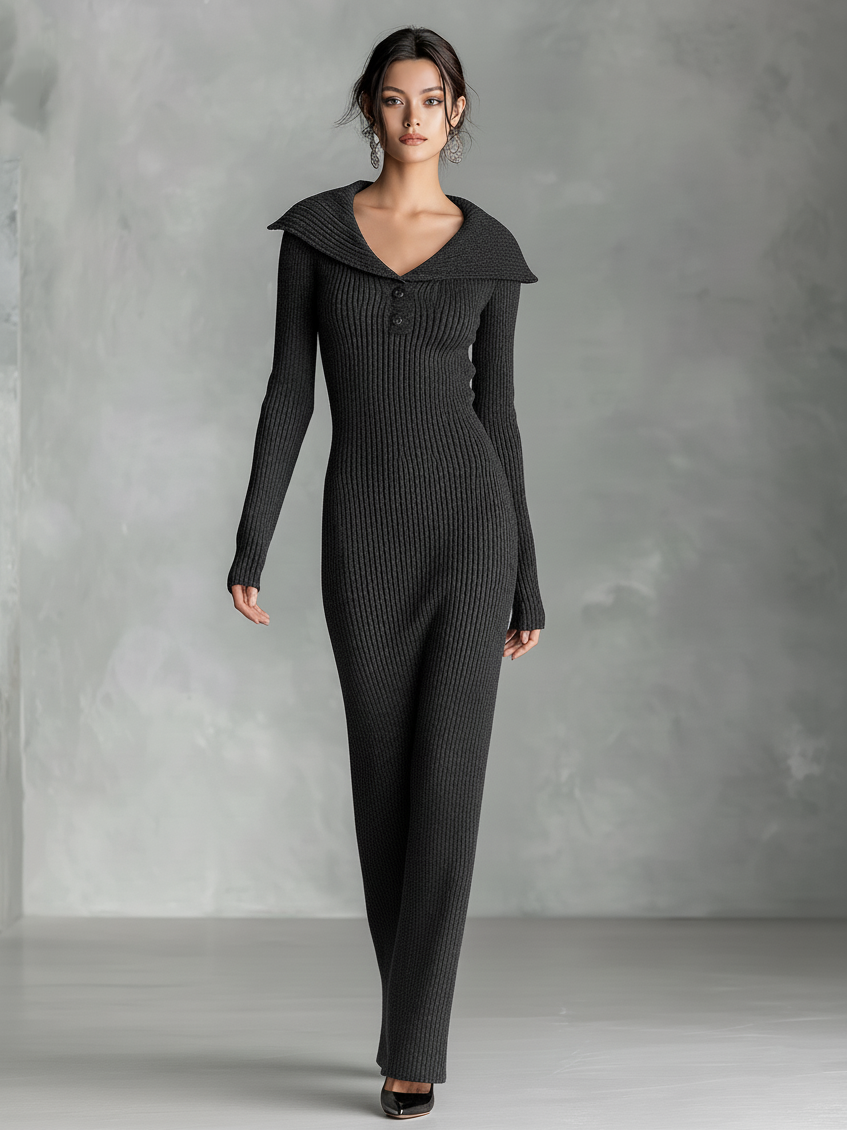 Women's Slim-fit Knitted Button-up Lapel Maxi Dress MDA2839K1Y