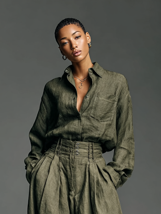 Women's Fashion Cotton And Linen Blended Long Sleeve Shirt Wide Leg Pants Two-Piece Set MDA3076G5Y