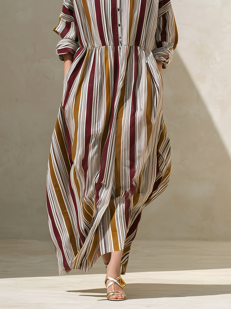 Women's Striped Bohemian Cotton - Linen Maxi Shirt Maxi Dress MDA1183H0I