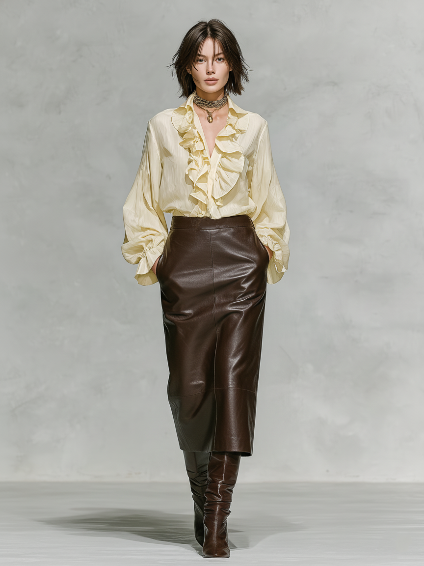 Women's Minimalist Ruffled Collar Shirt And Faux Leather Pencil Skirt Set MDA2494K5Y