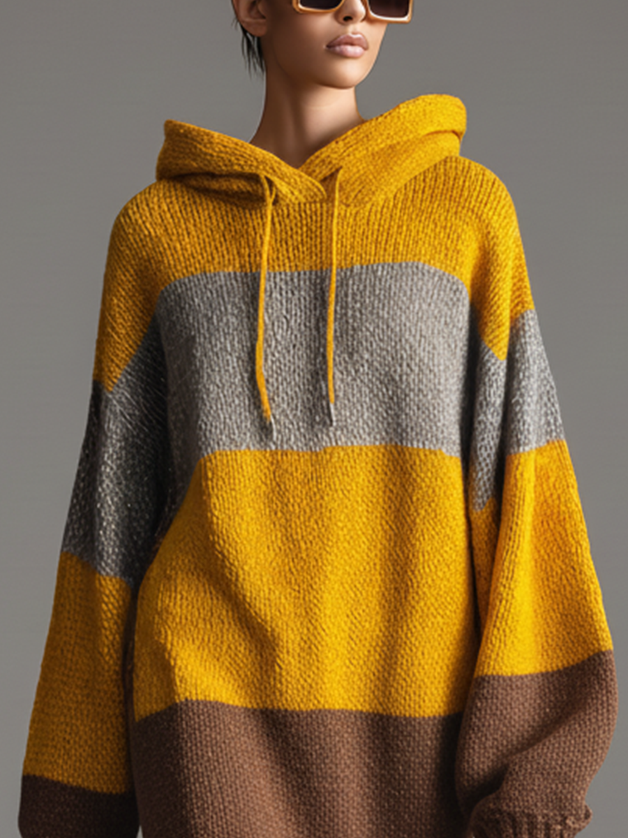 Women's Yellow, Brown And Gray Color-blocked Knitted Hooded Loose Sweater Mini Dress MDA0196K9T