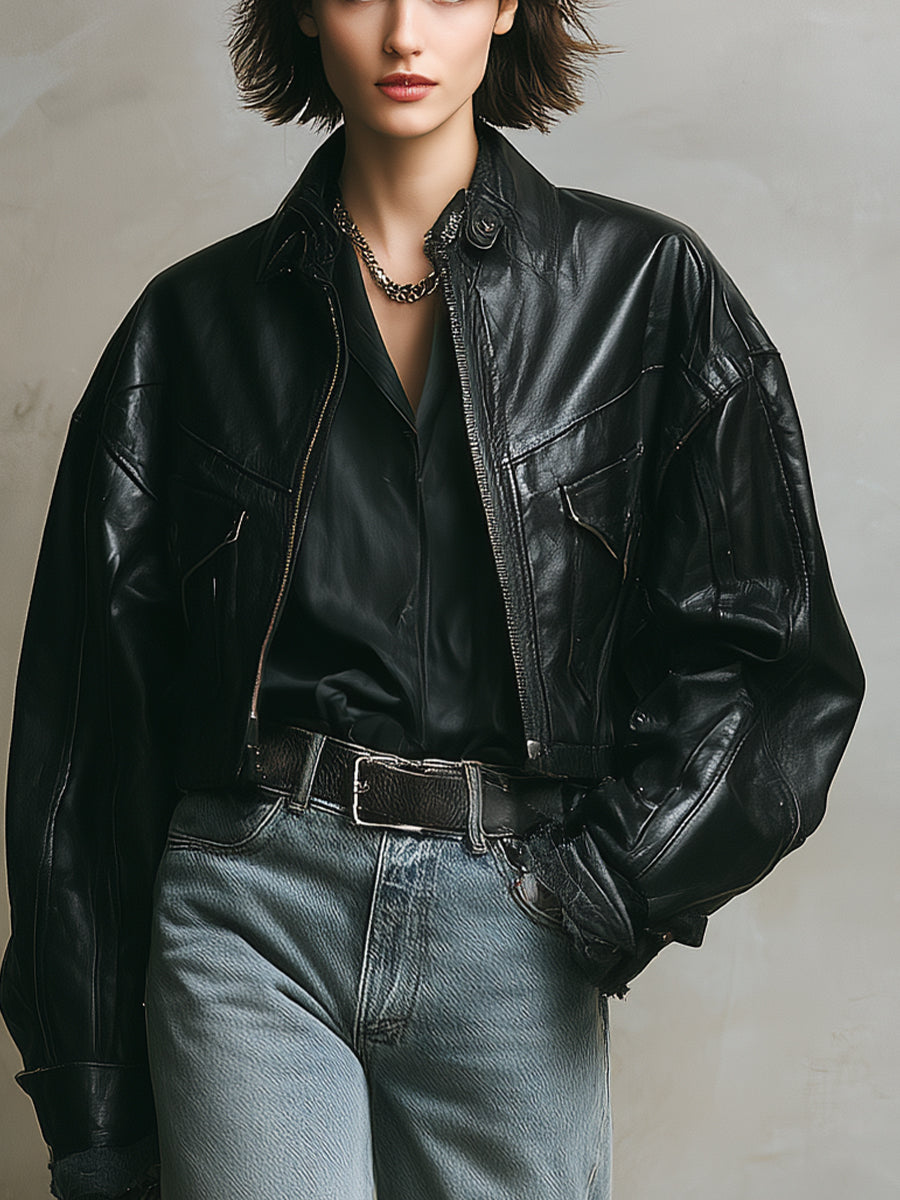 Women's Black Edgy PU Leather Oversized Biker Jacket MDA2614H3I
