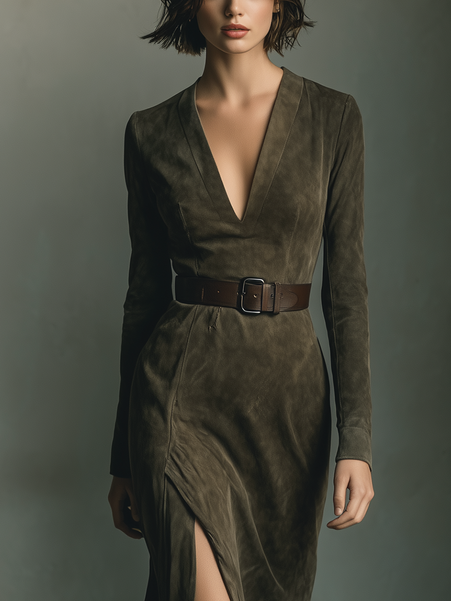 Women's Olive Green Faux Suede Fabric Deep V-Neck Belted Slit Midi Dress MDA1562L3T