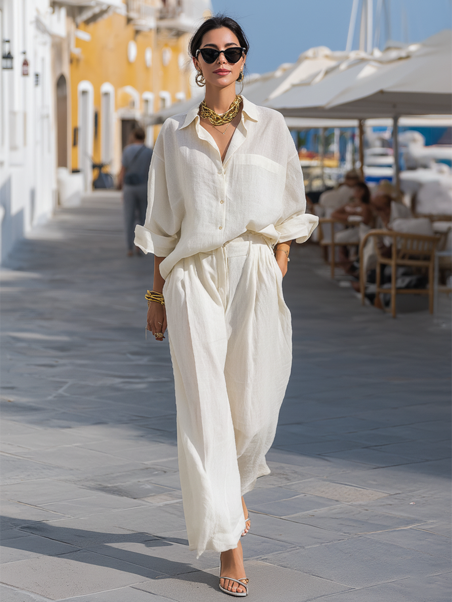 Women's Ivory Linen Set With Oversized Shirt & Wide-Leg Pants, Timeless Coastal-Chic Style Set MDA0904L5I