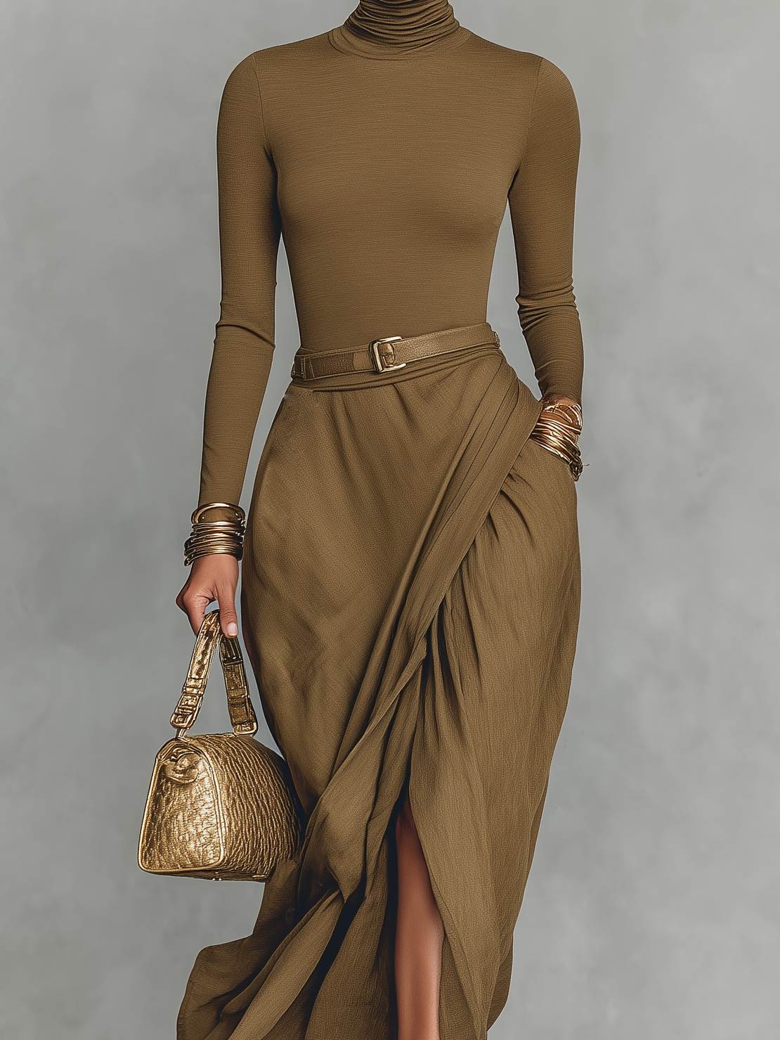 Women's Elegant Military Green Knitted Stretch Top With Woven Skirt, Long Dress (belt Not Included) MDA1741L0AN