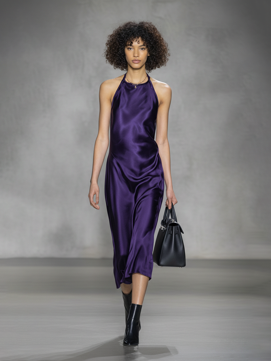 Women's Elegant Purple Halter Neck Satin Midi Slip Dress MDZ2733B2BA