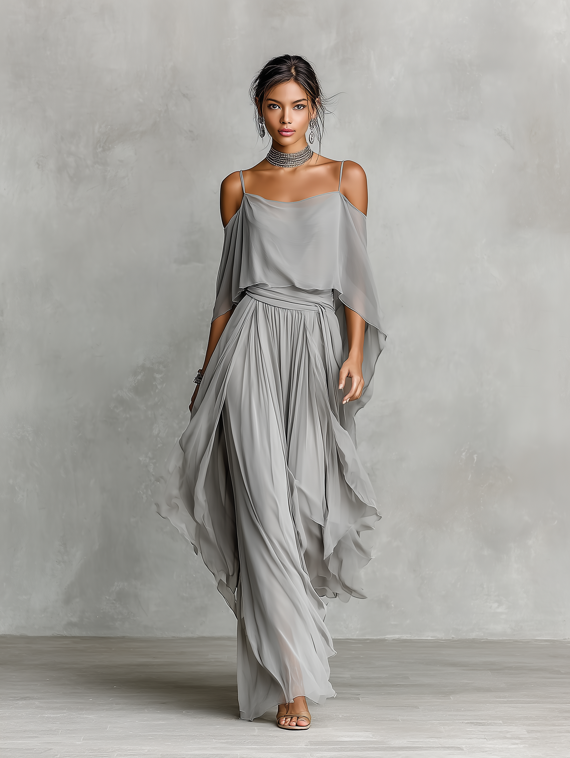 Women's Grey Breathable Chiffon Set With Cold-Shoulder Detail & Flared Silhouette, Contemporary Luxury-Feminine Style Set MDZ2651B6I