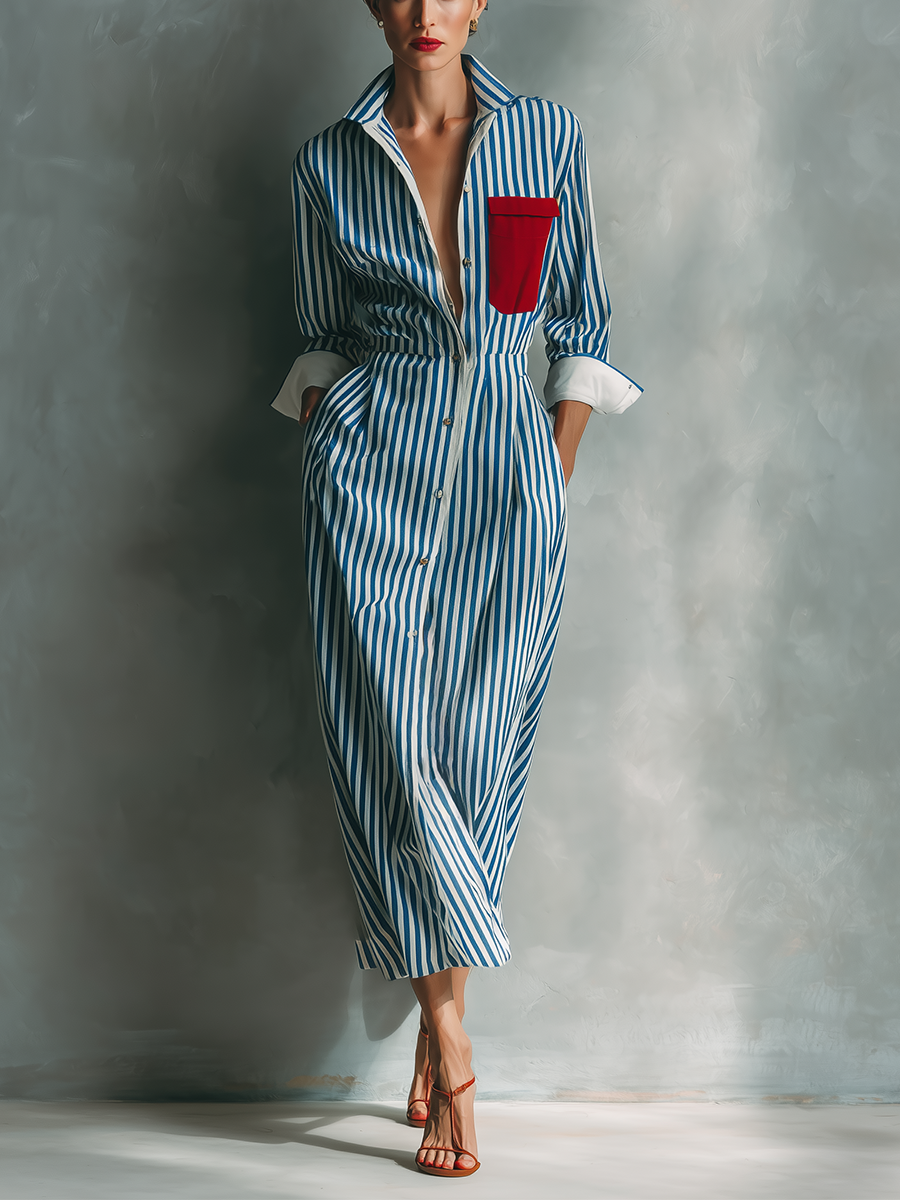 Women's Blue And White Cotton Blend Striped Shirt Dress With Red Chest