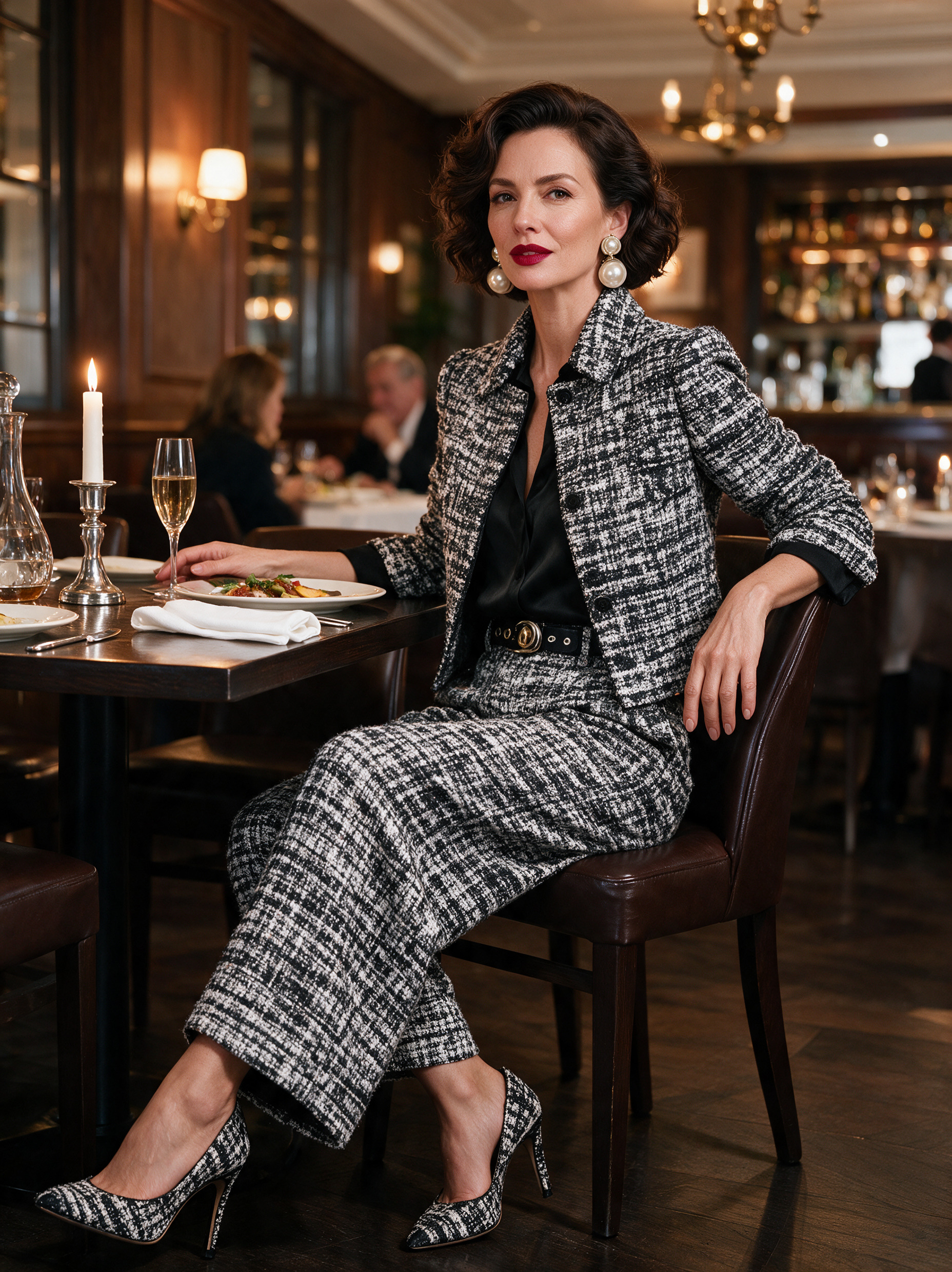 Women's Tweed Blend Single-Breasted Cropped Jacket And Wide-Leg Pants Set MDA2589H6Y