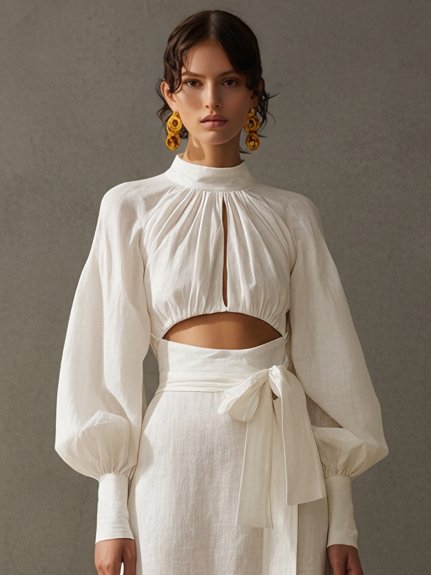 Women's Romantic Style Cotton Blend White Stand Collar Ruched Cutout Waist Midi Dress MDA1679L0AU