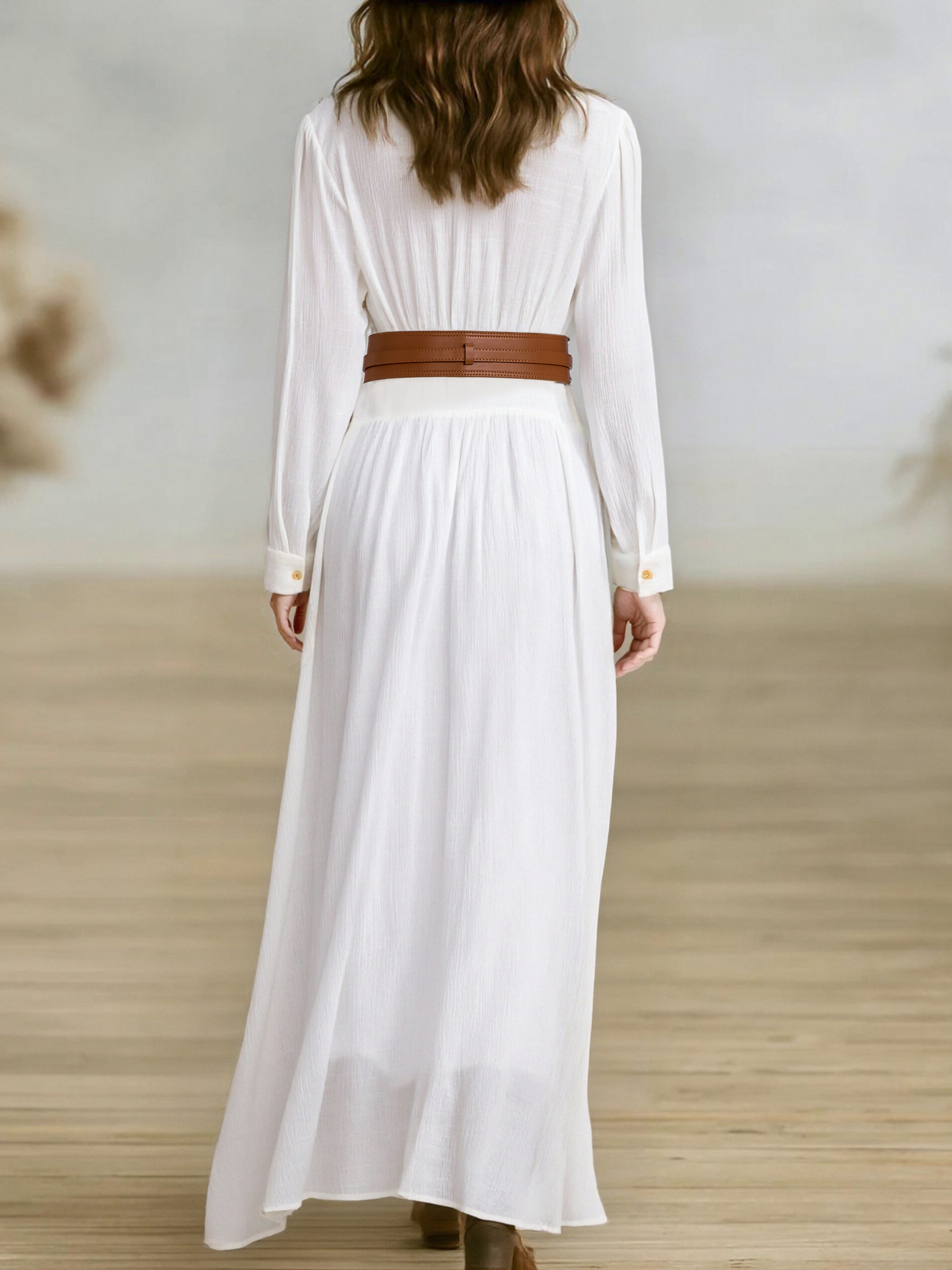 Women's Imitation Cotton And Linen Pleated Lapel Single-breasted Long-sleeved Maxi Dress MDA1768I7Y