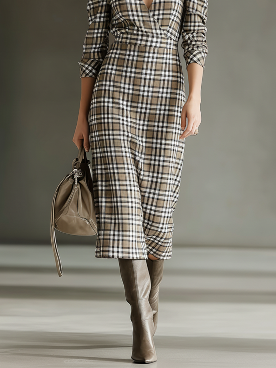 Women's Beige Plaid Cotton Blend Midi Dress MDA2525J4T