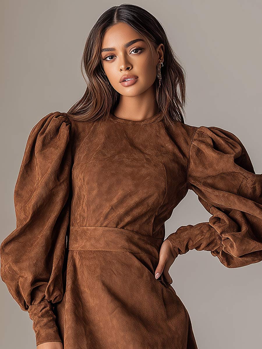 Women's  Coffee-colored Suede Puff-sleeve Retro-chic Mini Dress MDA0457I3A
