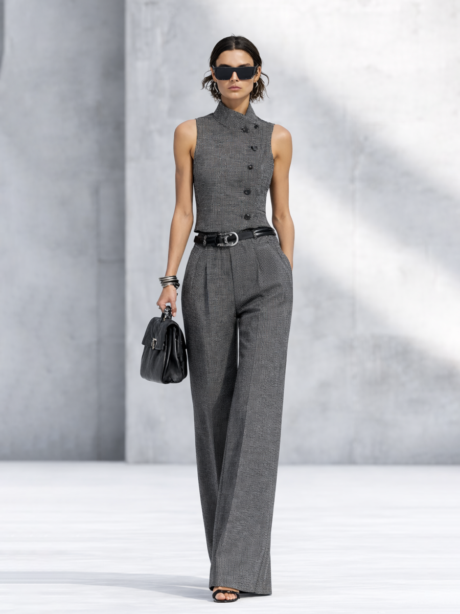 Women's Minimalist Gray Houndstooth Sleeveless Stand-up Collar High-waisted Wide-leg Jumpsuit（Waist belt not included） MDZ1208B6BA