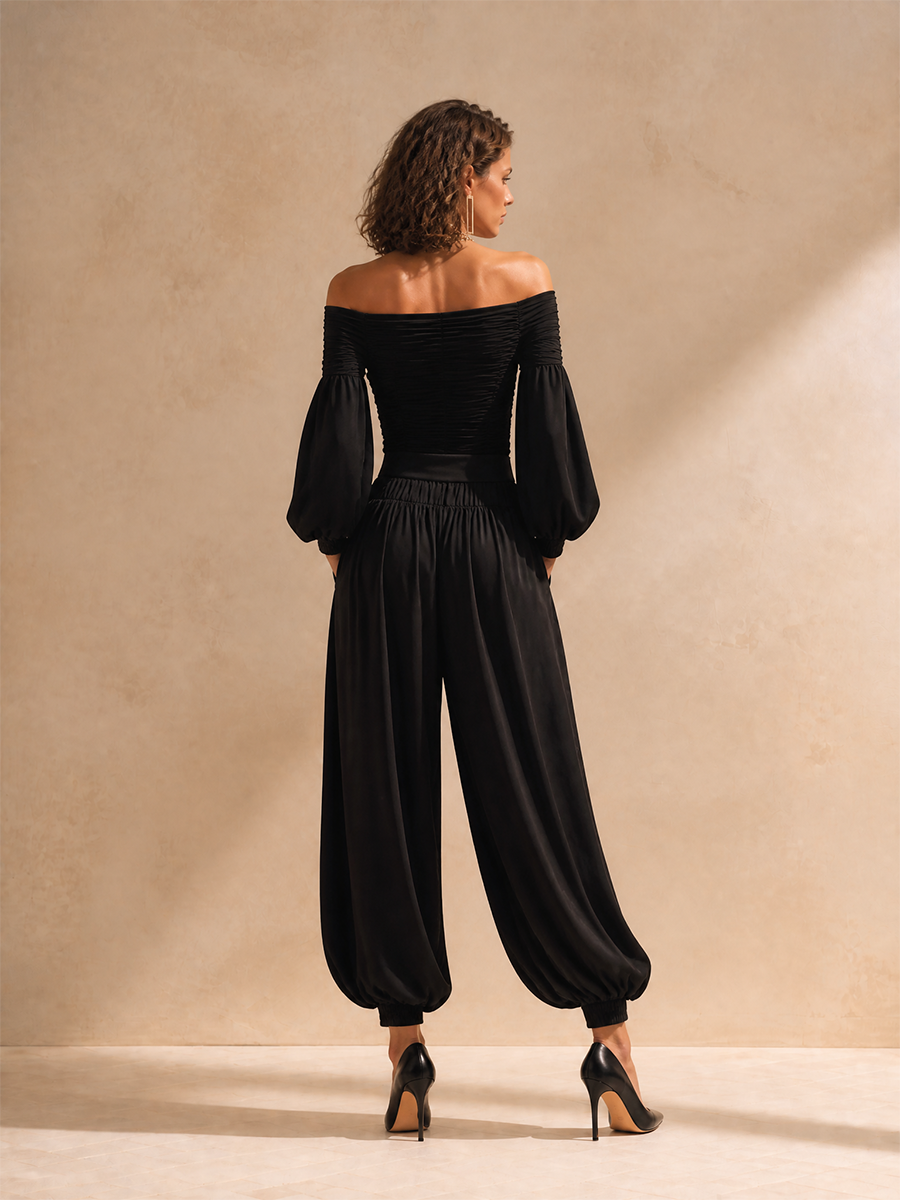 Women's Elegant Off-Shoulder Ruched Blouson-Sleeve Top & High-Waisted Cuffed Balloon Trouser Set MDZ1765H4CMX