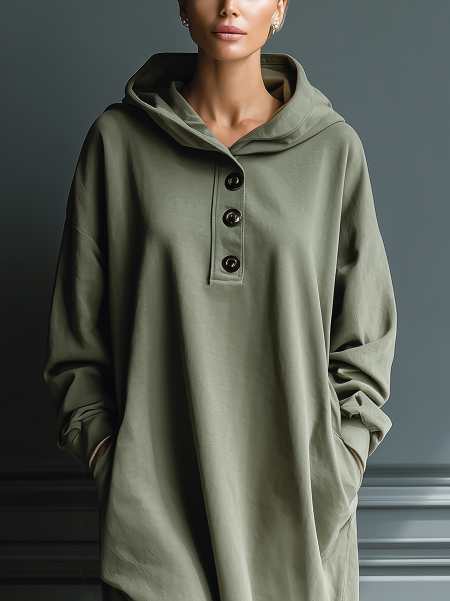 Women's Olive Cotton Fabric Hooded Henley-Button Asymmetric-Hem Midi Dress MDA1764L8T