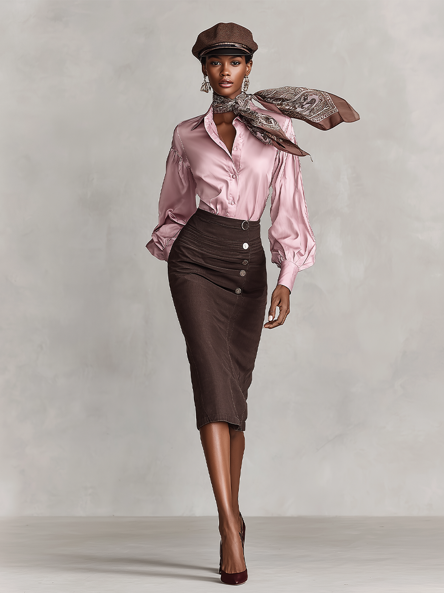 Women's Pink And Brown Modern Satin Puff - Sleeve Blouse And Fitted Cotton Midi Skirt Set MDA1517I8I