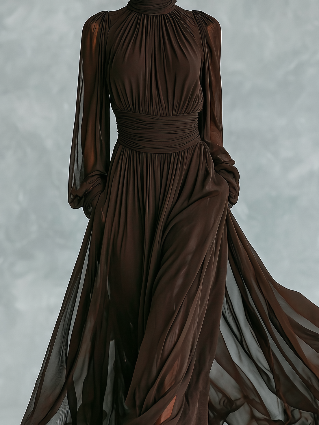 Women's Elegant Dark Brown High-neck Long-sleeved Chiffon Fitted Waist Maxi Dress MDA0944L1AN