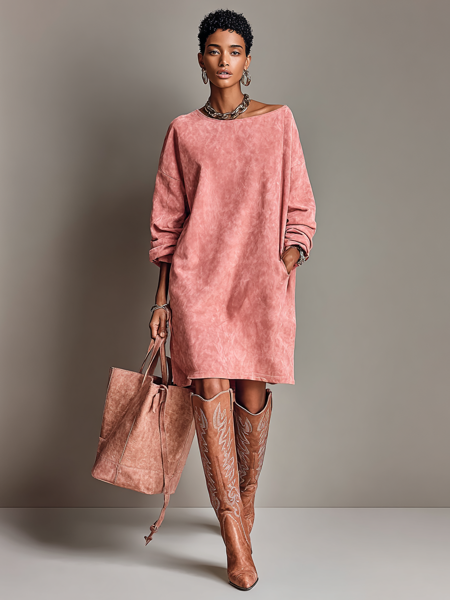 Women's Vintage Loose Pink Suede Long Sleeve Round Neck Midi Dress MDA1968H6Y