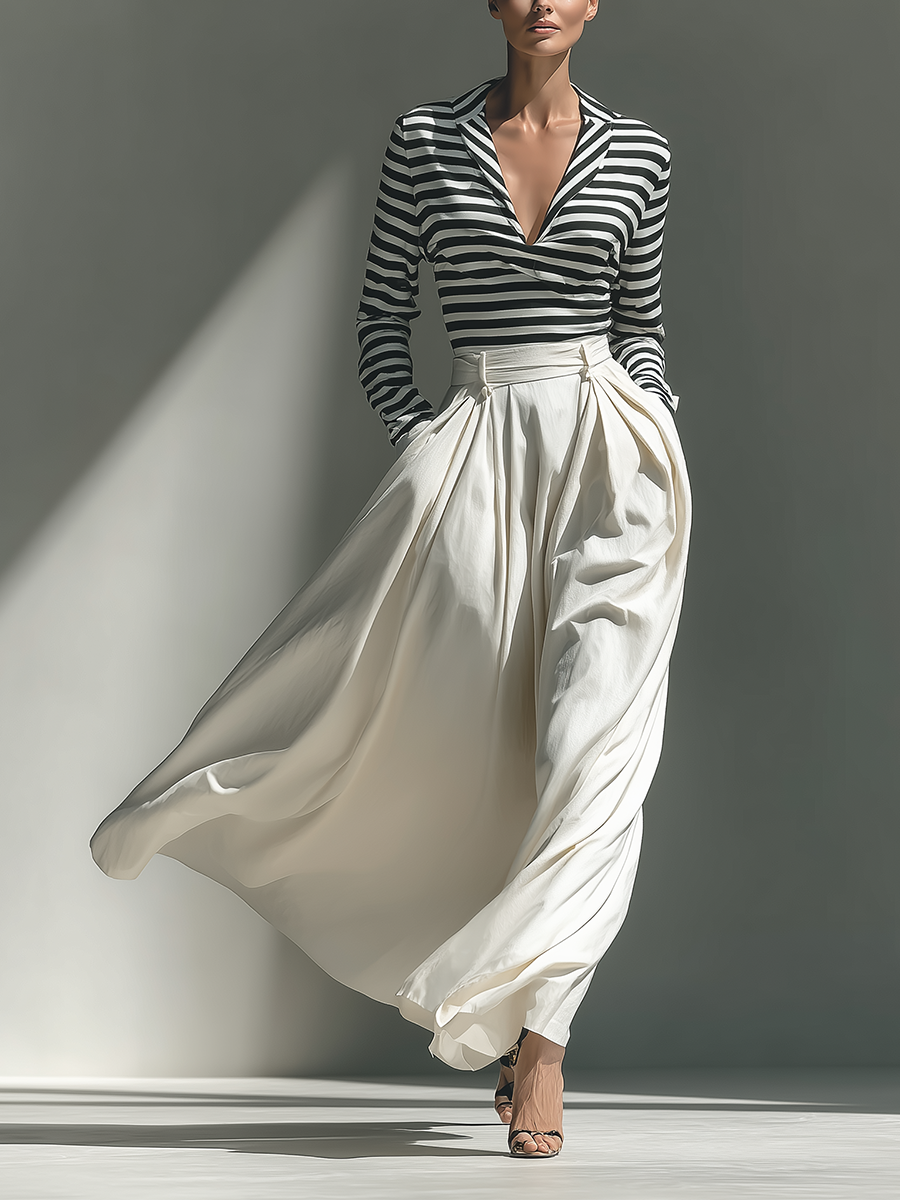 Women's Black-and-White Striped Knit Fabric Top & Ivory Pleated Maxi Skirt Set MDA1793L2T