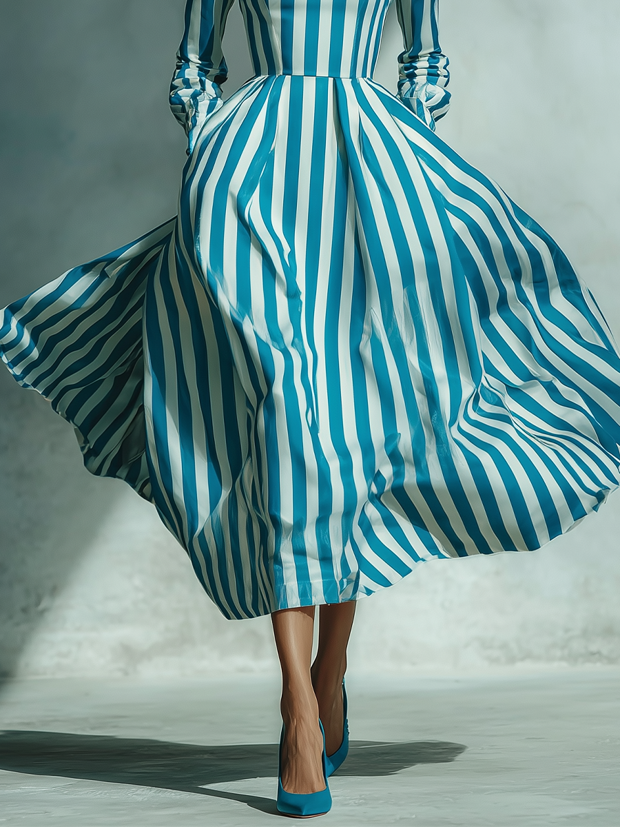 Women's Turquoise-and-White Cotton Blend Mock-Neck Puff-Sleeve Flared Midi Dress MDA1902L3T