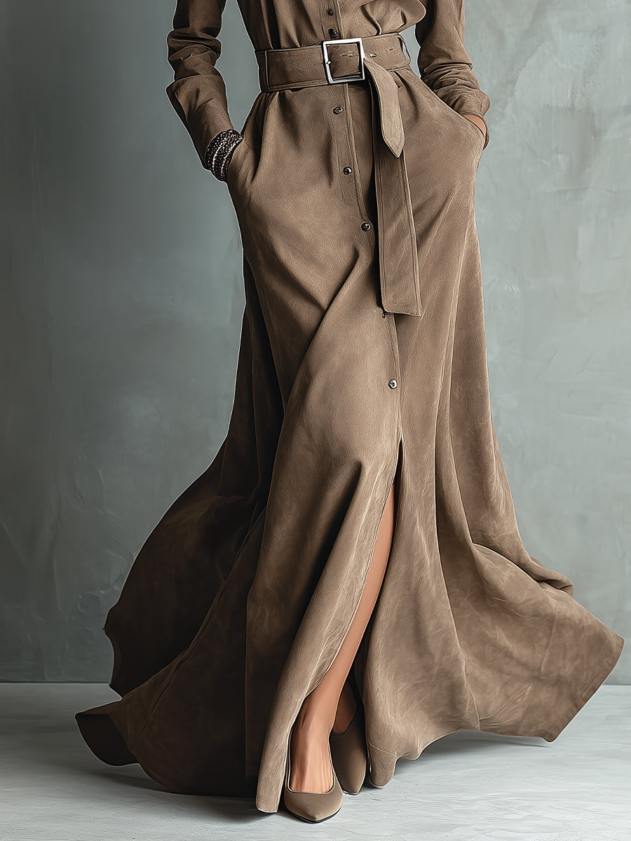 Women's Taupe Elegant Suede - Like Belted Shirt Maxi Dress MDA1441H1I