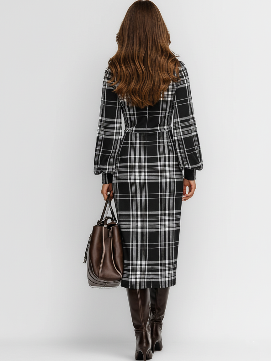 Women's Plaid Round Neck Long Sleeve Slit Midi Dress MDA2970I2Y