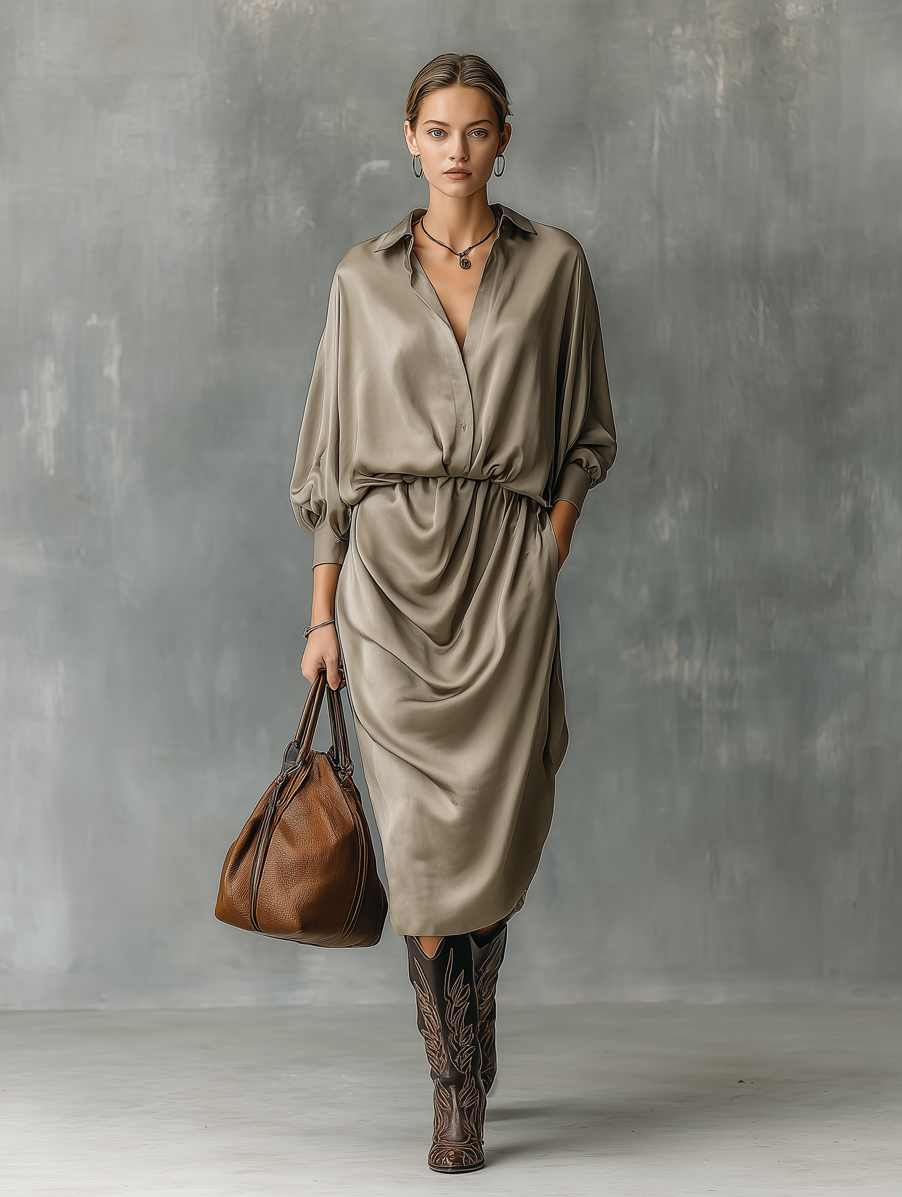 Women's Elegant Khaki Satin Shirt Collar Long-sleeved Midi Dress MDA1297L0AN
