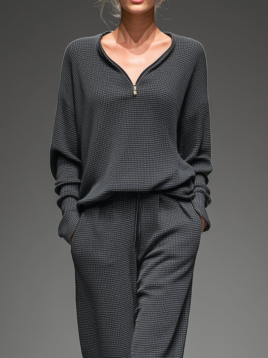 Women's Grey Casual Knit Half - Zip V -Neck Loose Fit Loungewear Two-piece Set MDA0529H6I