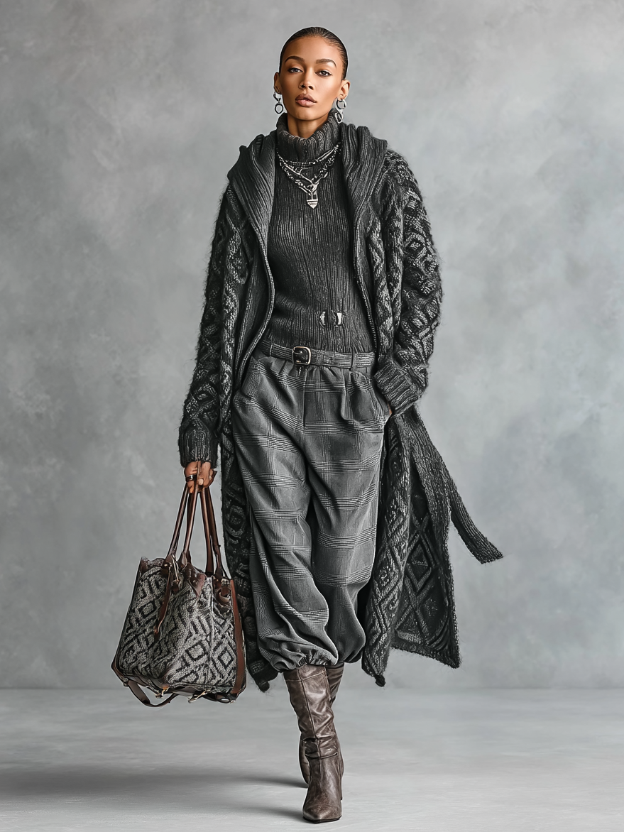 Women's Knitted Diamond Jacquard Hooded Belted Long Cardigan MDA2457I3Y