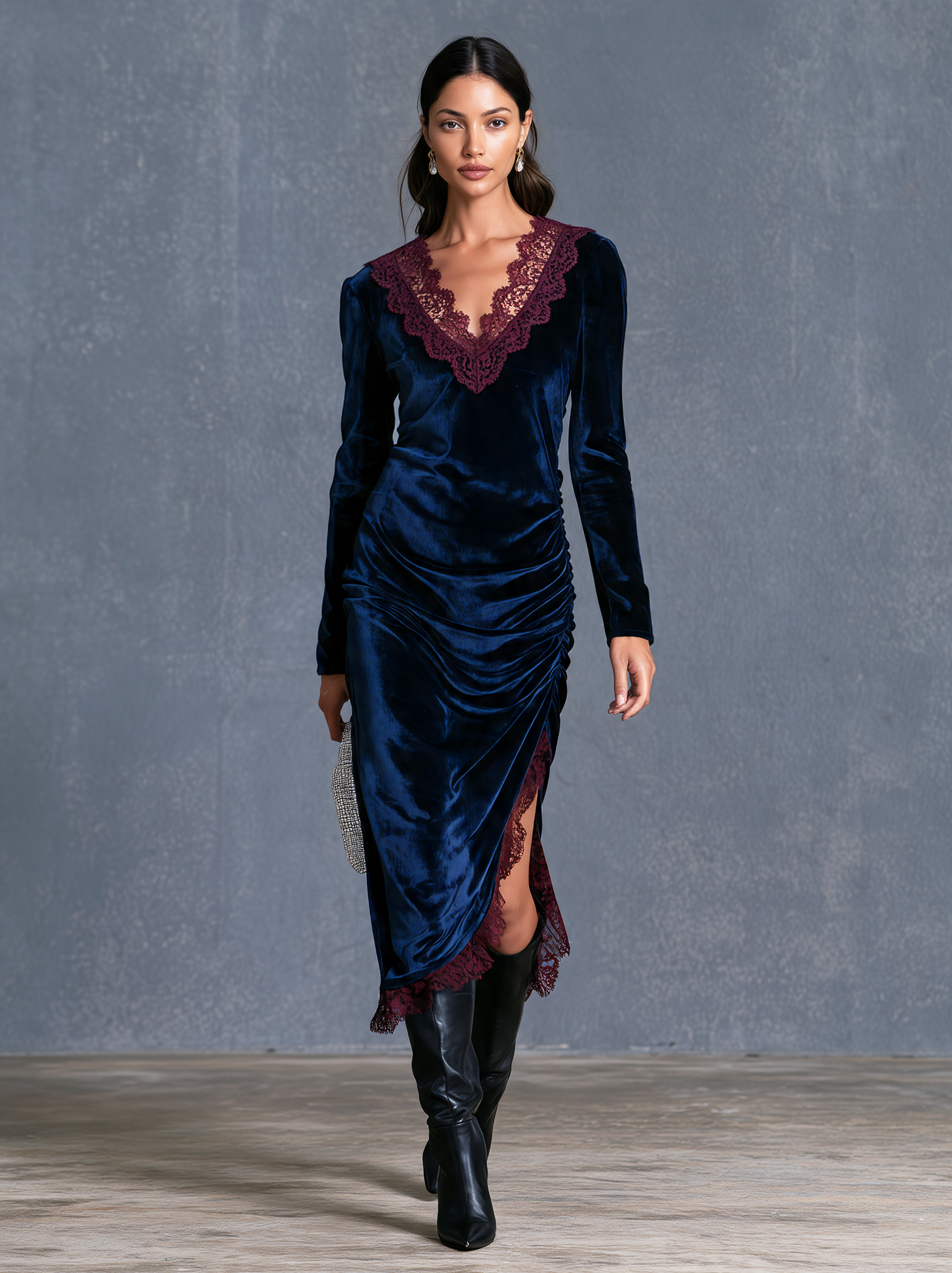 Women’s Elegant Navy Blue Velvet And Lace-paneled Long-sleeved Midi Dress