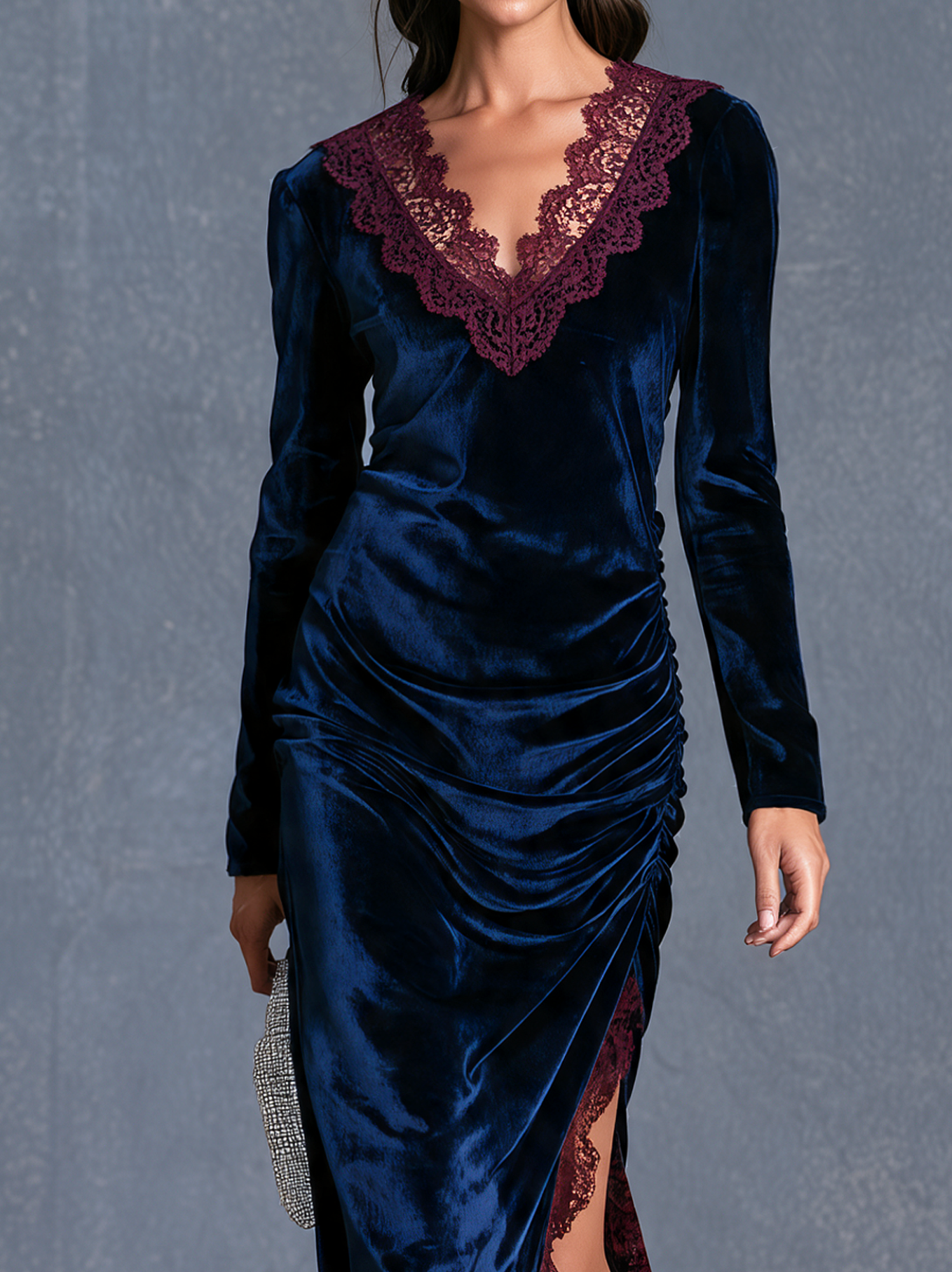 Women’s Elegant Navy Blue Velvet And Lace-paneled Long-sleeved Midi Dress