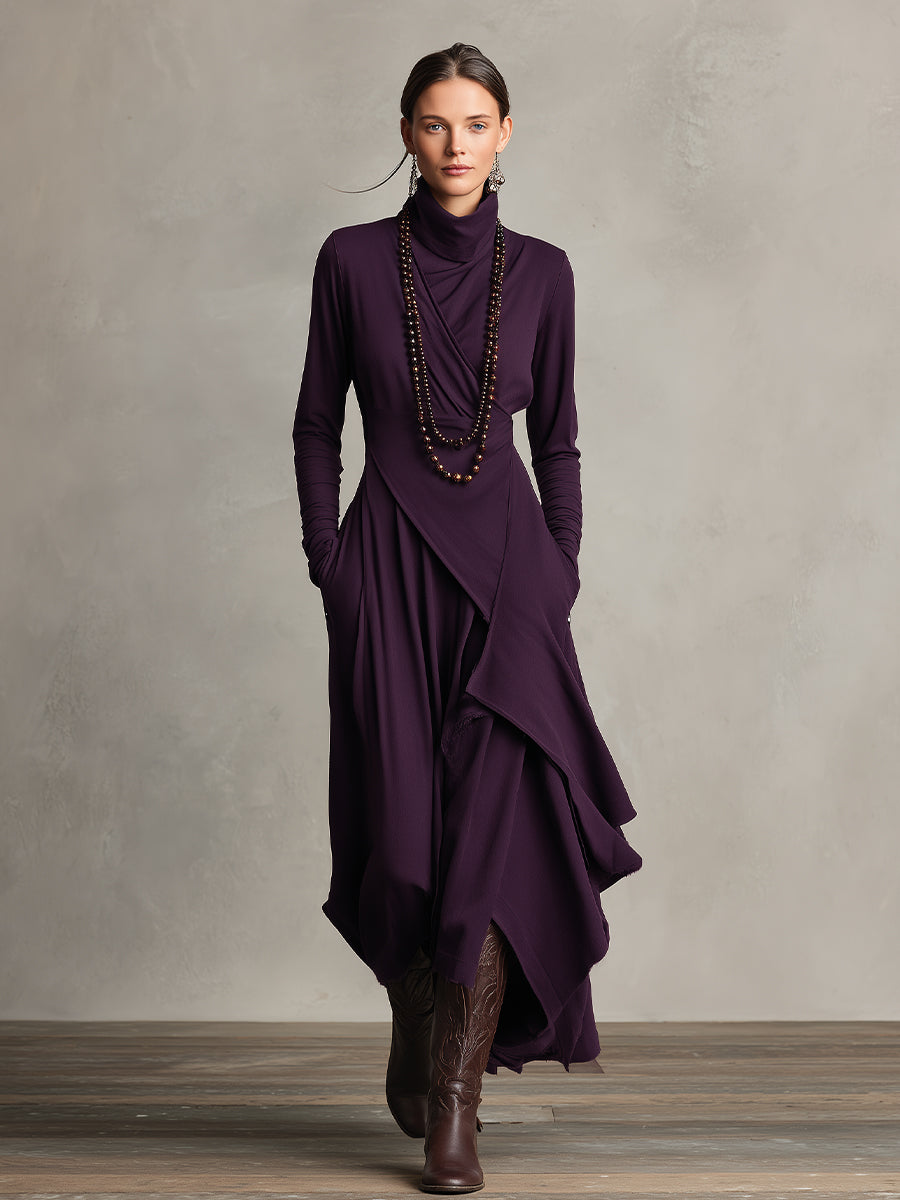 Women's Purple Bohemian Cotton Stretch Turtleneck Asymmetrical Draped Maxi Dress MDA2055J9I