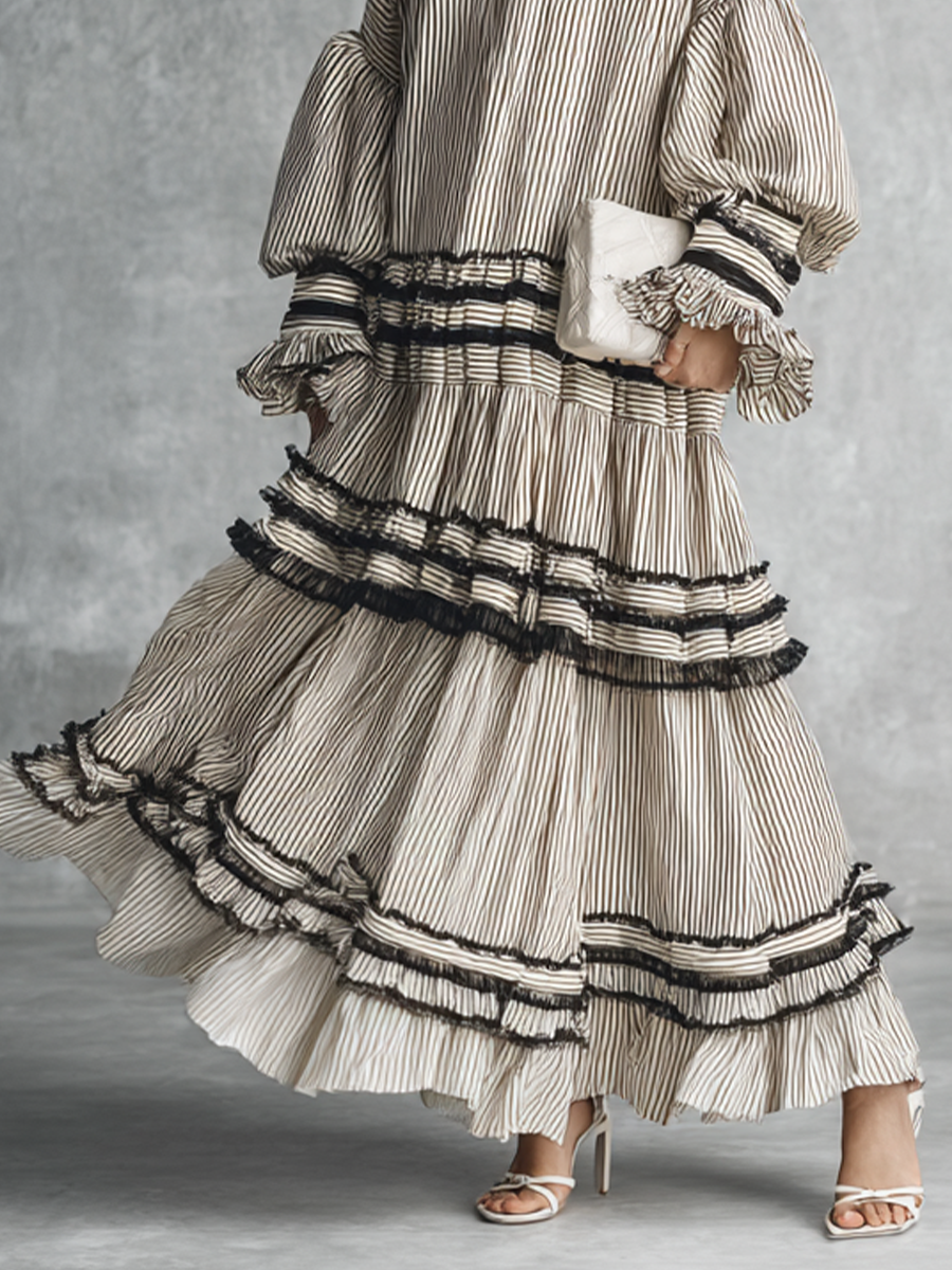 Women's Boho Striped Ruffle Tiered Cotton Blend Long Sleeve Maxi Dress MDZ1426B2BA