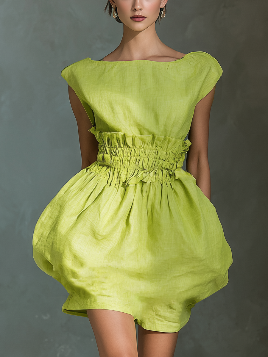 Women's Lime Green Linen Mini Dress With Ruched Waist & Balloon Skirt MDZ1187B2T